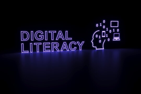 DIGITAL LITERACY neon concept self illumination background 3D illustration