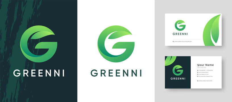 Initial Letter G with green leaf combination Company Logo with Business Card Design Fresh or Clean Editable Template
