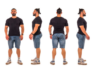 Four views of bodybuilder: back, front, sides