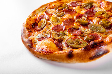 Hot Pepperoni Pizza with Mozzarella cheese, salami, Tomato sauce, pepper, Spices.