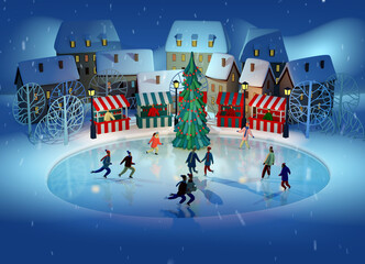 3d illustration. Picture for a Christmas card. Fair in the toy town. People go ice skating