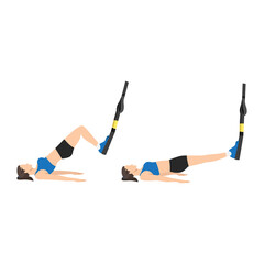 Woman doing TRX Suspension straps glute bridge exercise. Flat vector illustration isolated on white background