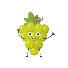 Bunch grapes hand greeting cute funny character cartoon smiling face happy joy emotions ripe juicy symbol wine beautiful icon vector illustration.