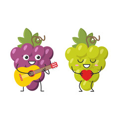 Two branches of grapes character cartoon plays the guitar sings love sign heart favorite smiling face happy joy emotions ripe juicy beautiful vector illustration.