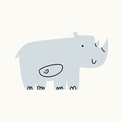 Children's illustration of a rhinoceros on an isolated background. Muted pastel colors. Simple Scandinavian style.