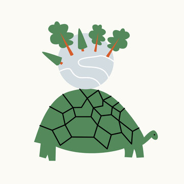Illustration of a turtle with earth on its back on an isolated background. Dusty pastel colors. Modern flat style