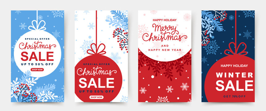 Winter sale social media stories template. Colorful christmas banners, cute illustrations with falling snowflakes. Festive vector background for greeting card, event invitation, promo, ad 