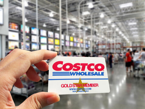 Kaohsiung, Taiwan &mdash; September 25, 2021: Costco wholesale warehouse shopping, members-only club, door membership card, blurred background 