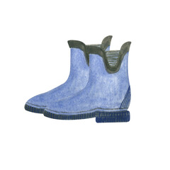 Watercolor illustration of rubber boots for rain weather, for gardening, outdoors. Blue color. Isolated on white background