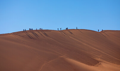 Dead Vlei in Namib desert, peoples climbing to top of dune, Namibia, Southern Africa landscape
