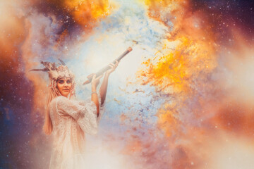 beautiful shamanic girl playing on shaman flute on abstract structured space background.