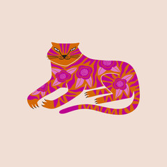 Folk art floral decorated tiger illustration