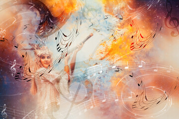 beautiful shamanic girl playing on shaman flute on abstract structured space background. © jozefklopacka