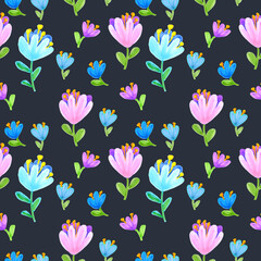 Obraz na płótnie Canvas Seamless pattern of flowers drawn with markers on a dark background. For fabric, sketchbook, wallpaper, wrapping paper.