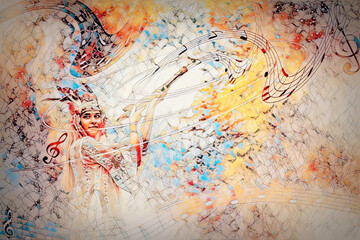 beautiful shamanic girl playing on shaman flute on abstract structured space background. - obrazy, fototapety, plakaty