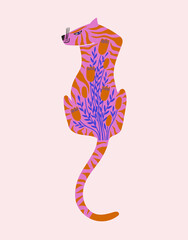 Folk art illustration with isolated tiger and flowers