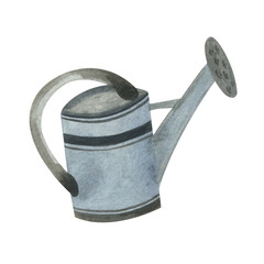 Watercolor gardening equipment element watering can. Metallic color. Isolated on white background © luckycapella