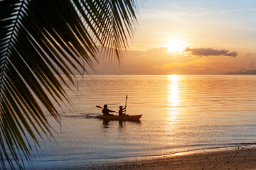 Sea sunset, ocean sunrise, tropical island beach, palm tree leaves, blue water wave, two people...
