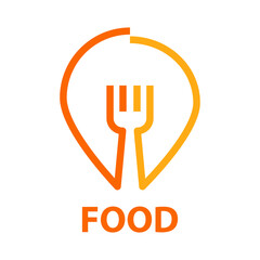 Fototapeta premium Banner con texto Food con puntero de posición con tenedor con lineas en color naranja