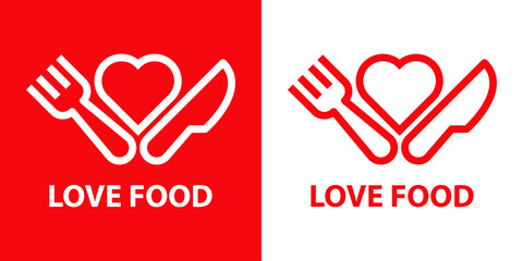 Logotipo con texto Love Food con silueta de tenedor y cuchillo con corazón con lineas en fondo rojo y fondo blanco