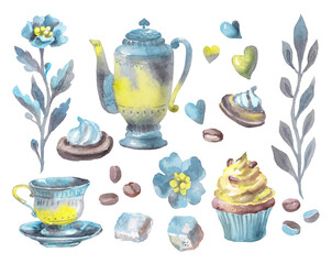 Watercolor set: coffee pot, cup and saucer, macarons, sugar, coffee beans, twig, hearts, cake. Hand-drawn elements for diary, website, sticker and print design.