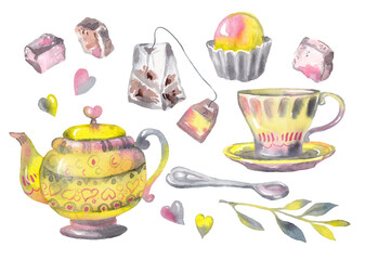 Watercolor set: teapot, cup, saucer, spoon, candy, sugar, tea bag, twig, hearts