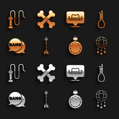 Set Crossed arrows, Gallows rope loop hanging, Dream catcher with feathers, Canteen water bottle, Bang boom, gun Comic, Location cowboy, Leather whip and human bones icon. Vector