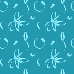 Seamless pattern of floral motifs depicted in line created with alcohol ink on a blue background.  For fabric, sketchbook, wallpaper, wrapping paper.