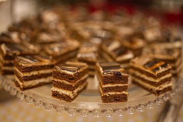 dessert cake on the buffet table in the restaurant