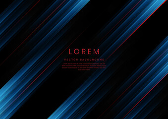 Abstract red and blue gradient geometric diagonal overlapping on black background with copy space for text.