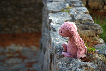 A worn-out pink stuffed rabbit has been left on a stone wall (Porto Venere, Liguria, Italy)