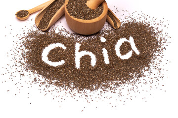 Chia sign word made of Organic natural seeds isolated on white background
