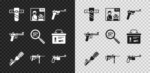 Set Knife holster, Advertising weapon, Mauser gun, Anti-tank hand grenade, Submachine M3, Desert eagle and Pistol or search icon. Vector