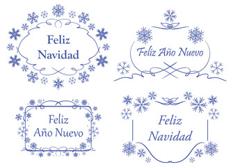 merry christmas on spanish - decorative frames with snowflakes for christmas holidays - vector set