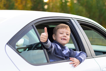 A seven year old cute boy leans out the window of a white car on a warm sunny autumn day against the backdrop of yellow foliage. Selective focus. Portrait