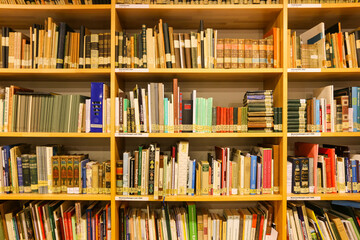 Bunt gemischtes Bücheregal als Bücherwand mit alten und neuen Büchern in verschiedenen Größen