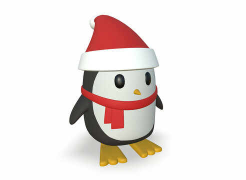Winter cartoon penguins wearing Santa hats. Isolated on white.3d-rendering