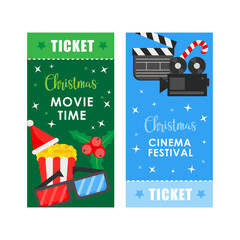 Christmas Cinema concept poster or ticket template with popcorn and cinema equipment