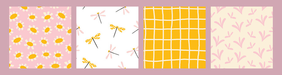Summer seamless pattern collection - floral, dragonflies and gingham. Cute hand drawn insects in trendy pastel colors. Sweet funny scandinavian prints for kids textile. Delicate and trendy design.