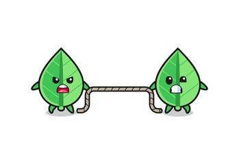cute leaf character is playing tug of war game