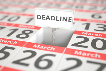 DEADLINE plate on March 19 in a calendar, 3d rendering