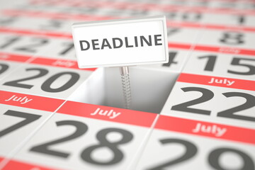 DEADLINE plate on July 21 in a calendar, 3d rendering