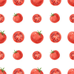 Watercolor seamless background with tomato on a white background.  Menu design, textile design, printing.