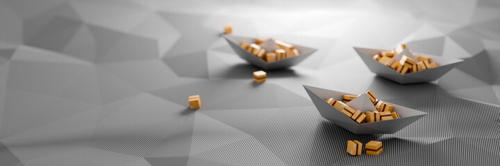 Conceptual paper ship loaded with many cartons; logistics industry and transportation concepts, original 3d rendering