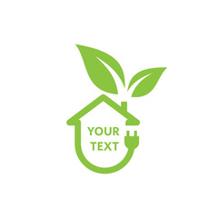 Green house with leaves, plug and cable. Eco friendly, energy and electricity symbol.