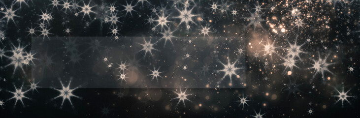 Fototapeta na wymiar Snowflakes and bokeh blured lights on the dark background with rectangular frame for your holiday inscriprion. New Year and Christmas greeting card background with copy space.