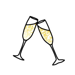 Two glasses of champagne or wine . Illustration of a doodle.