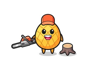 pineapple lumberjack character holding a chainsaw