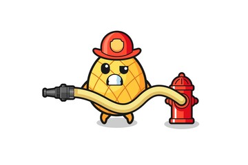 pineapple cartoon as firefighter mascot with water hose