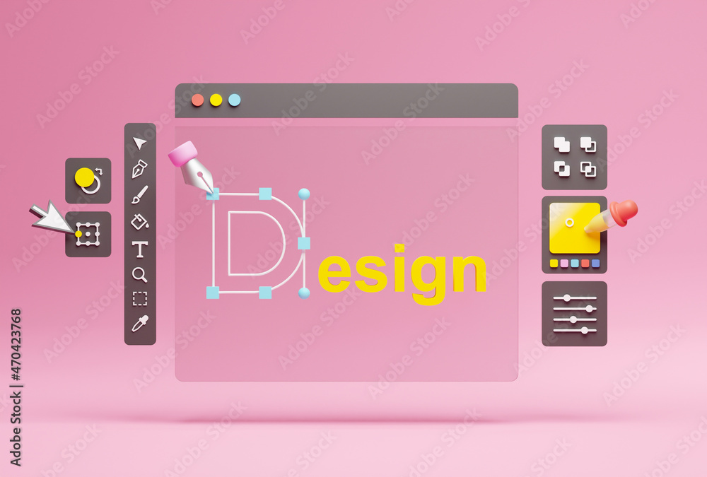 Fototapete Graphic designer creative creator design logo artwork curve pen tool illustration equipment icons digital computer display workspace. Graphic design software. 3d rendering.